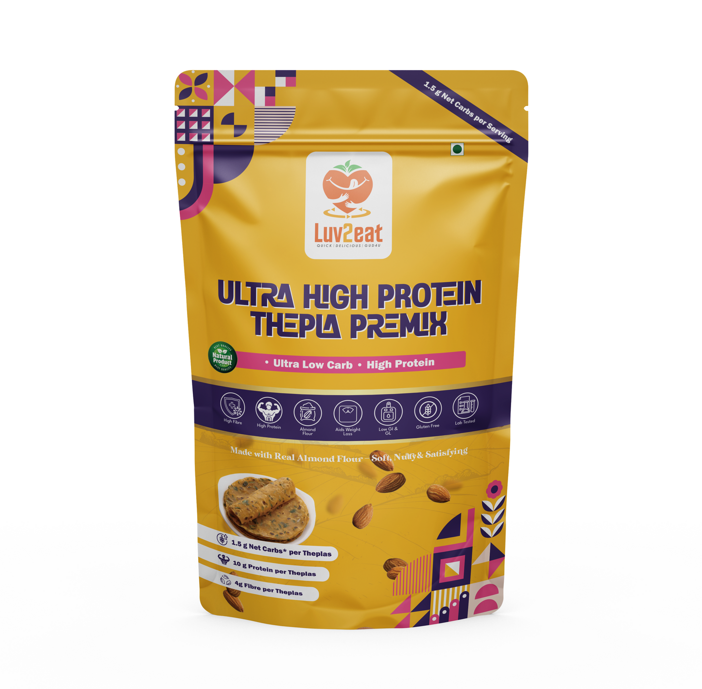 Ultra Low Carb High Protein Thepla Premix | Made with Real Almond Flour | 1.5g Net Carbs | Gluten Free, No Maida | Diabetic-Friendly, Keto-Friendly Almond Methi Atta Mix | 1kg