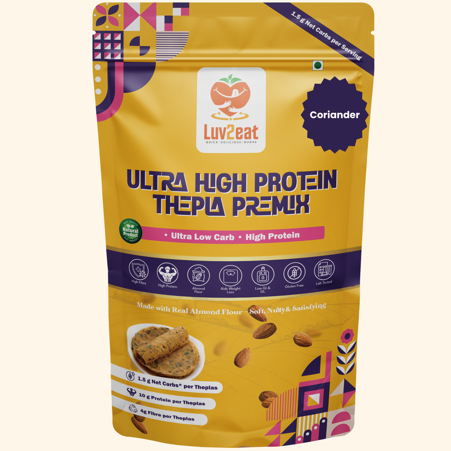 Ultra Low Carb High Protein Thepla Premix | Made with Real Almond Flour | 1.5g Net Carbs | Gluten Free, No Maida | Diabetic-Friendly, Keto-Friendly Almond Methi Atta Mix | 1kg