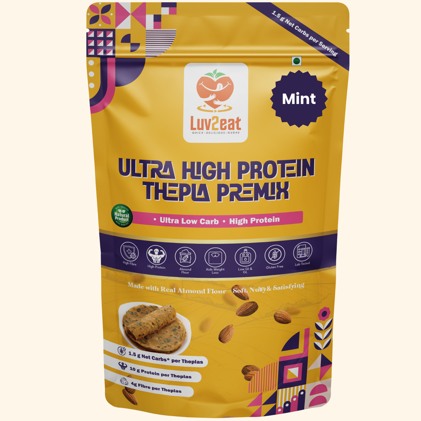 Ultra Low Carb High Protein Thepla Premix | Made with Real Almond Flour | 1.5g Net Carbs | Gluten Free, No Maida | Diabetic-Friendly, Keto-Friendly Almond Methi Atta Mix | 1kg