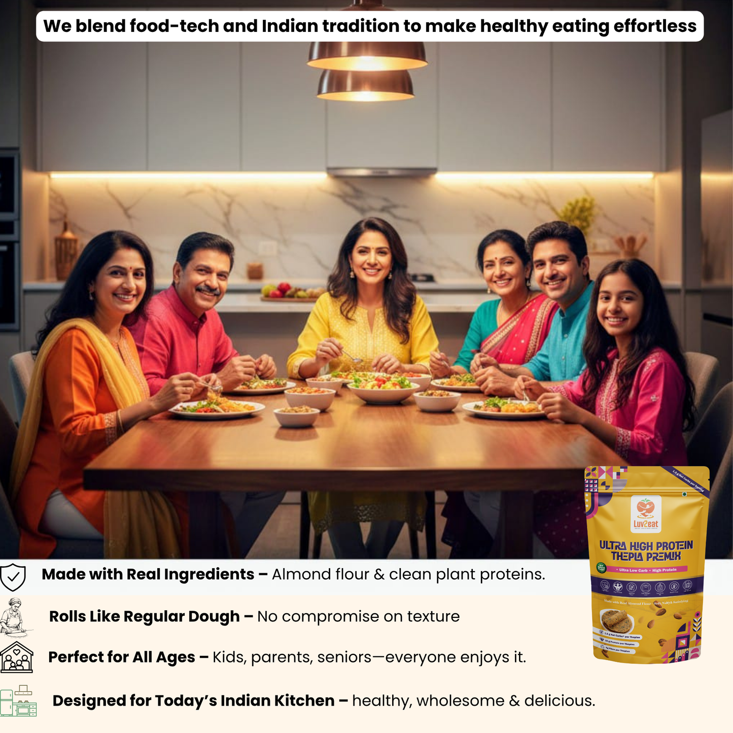 Ultra Low Carb High Protein Thepla Premix | Made with Real Almond Flour | 1.5g Net Carbs | Gluten Free, No Maida | Diabetic-Friendly, Keto-Friendly Almond Methi Atta Mix | 1kg